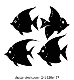 Set of Butterfly Fish animal black silhouettes vector on white background