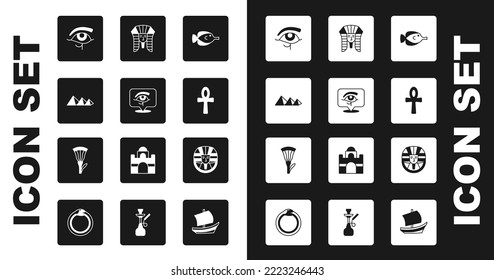 Set Butterfly fish, Eye of Horus, Egypt pyramids, Cross ankh, Egyptian pharaoh,  and lotus icon. Vector