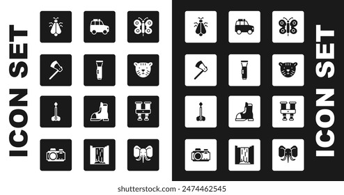 Set Butterfly, Flashlight, Wooden axe, Mosquito, Tiger head, Car, Binoculars and Arrow icon. Vector