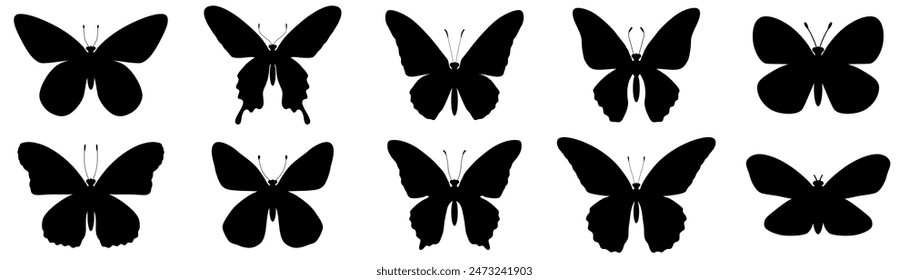 Set of butterfly in flight silhouettes. Black Set of butterflies. Set Of Butterflies Of Different Shapes, Isolated On White Background. Butterfly silhouette icons set. Vector illustration.
