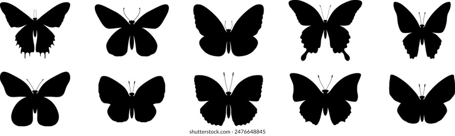 Set of butterfly in flight silhouettes. Black Set of butterflies. Set Of Butterflies Of Different Shapes, Isolated On White Background. Butterfly silhouette icons set. Vector illustration.