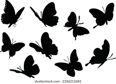 Conjunto de mariposa en siluetas de vuelo. Conjunto de mariposas. Iconos de silueta de mariposa. Ilustración vectorial.