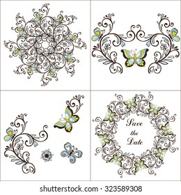 Set butterfly, floral elements, wreath. Illustration for greeting cards, invitations, and other printing projects.