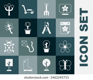 Set Butterfly, Flower, Calendar with flower, Garden rake, tulip in pot, Blossom tree branch,  and Gardening handmade scissors icon. Vector