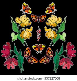 Set of butterfly and flowers patches elements. Print on tshirts and other materials. Set of stickers, pins, patches and handwritten notes collection in cartoon.