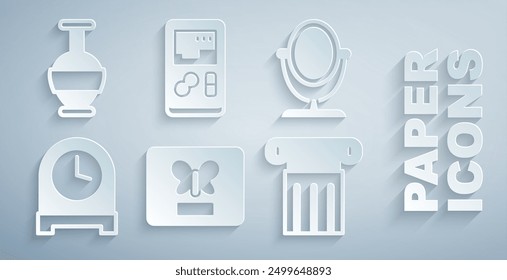 Set Butterfly in a frame, Round makeup mirror, Antique clock, Ancient column, Portable video game console and amphorae icon. Vector