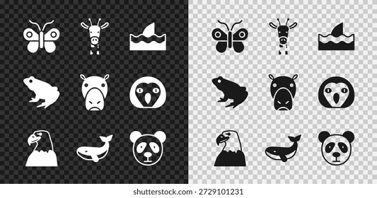 Set Butterfly, Giraffe head, Shark fin in ocean wave, Eagle, Whale, Cute panda face, Frog and Hippo or Hippopotamus icon. Vector