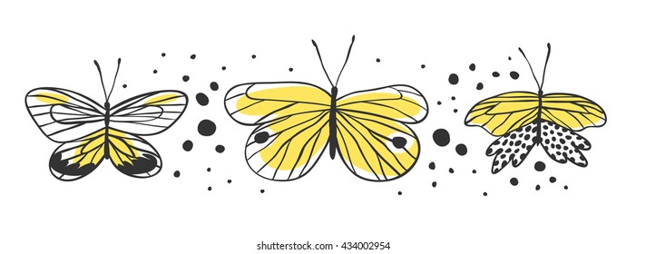 Set of butterfly. Hand drawn vector illustration. Decorative elements for design. Black contour drawing. Creative ink art work