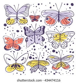 Set of butterfly. Hand drawn vector illustration. Decorative elements for design. Black contour drawing. Creative ink art work