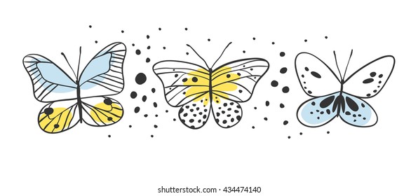 Set of butterfly. Hand drawn vector illustration. Decorative elements for design. Black contour drawing. Creative ink art work