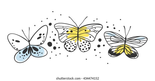 Set of butterfly. Hand drawn vector illustration. Decorative elements for design. Black contour drawing. Creative ink art work