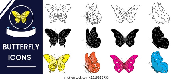 Set of Butterfly icon, vector. Set of  color butterfly, line art and silhouette. Flying butterfly icon, symbol, vector set design for app, logo, website. Vector illustration.