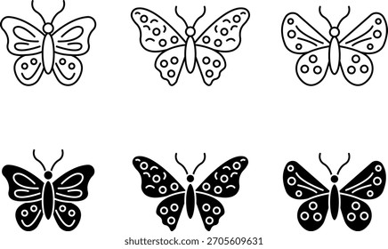 Set of butterfly icons showing various designs of this delicate insect, suitable for nature-themed illustrations.