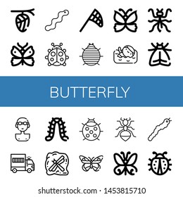 Set of butterfly icons such as Cocoon, Butterfly, Worm, Ladybug, Butterfly net, Woodlouse, Swimmer, Mantis, Moth, Prisoner transport vehicle, Caterpillar, Insect, Ant ,