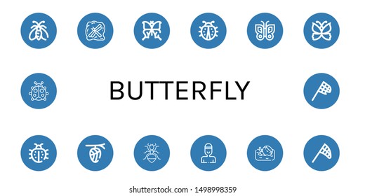 Set of butterfly icons such as Moth, Insect, Butterfly, Ladybug, Cocoon, Ant, Swimmer, Butterfly net ,