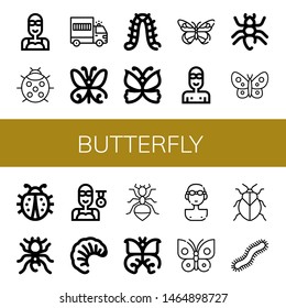 Set of butterfly icons such as Swimmer, Ladybug, Prisoner transport vehicle, Butterfly, Caterpillar, Ant, Pheidole, Larva, Stink bug, Centipede , butterfly