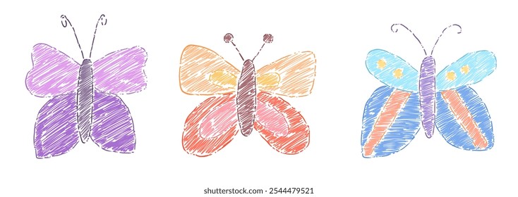 Set of butterfly insect drawing with crayon pencil