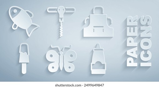 Set Butterfly, Kitchen apron, Ice cream, Sauce bottle, Wine corkscrew and Fish icon. Vector