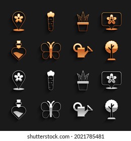 Set Butterfly, Location with flower, Forest, Watering can, Bottle love potion, Plant,  and Carrot icon. Vector