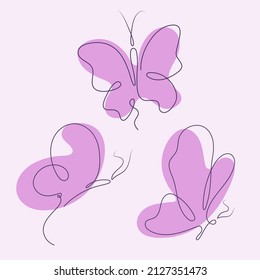 Set of butterfly logos in a minimalist one line drawing style. Vector icons of butterfly for logo, card, banner, poster flyer. Abstraction of butterflies in a continuous single-line drawing.