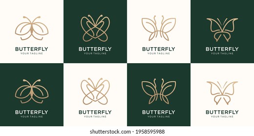 Set of butterfly minimalist line art style logo design. beauty, luxury spa ,nature,gold. Premium Vector