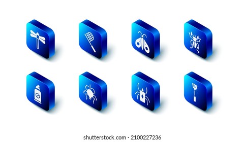 Set Butterfly net, Beetle deer, Fly swatter, bug, Spider, Spray against insects and Dragonfly icon. Vector