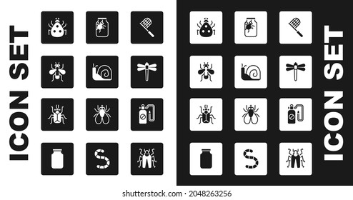 Set Butterfly net, Snail, Insect, Ladybug, Dragonfly, Spider in jar, Pressure sprayer and Beetle icon. Vector