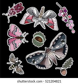 Set von Schmetterlingselementen. Set aus Aufklebern, Stiften, Patches und handgeschriebenen Noten im Comicstil der 80er bis 90er Jahre.Vektor-Aufkleber-Kit