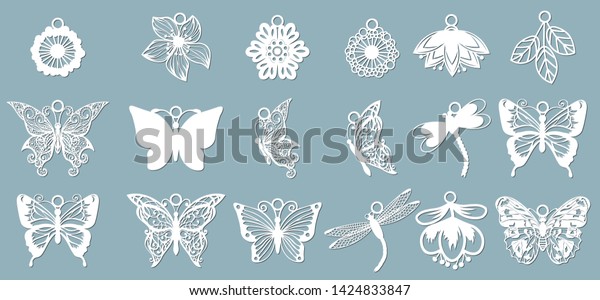 ペンダントの形をした蝶の柄 トンボのセット 蝶のベクターイラストを含むテンプレート レーザーカット プロッタ シルクスクリーン印刷 のベクター画像素材 ロイヤリティフリー
