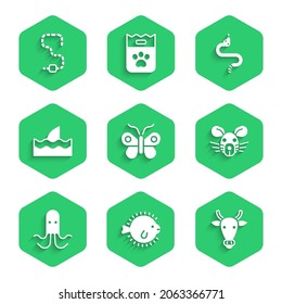 Set Butterfly, Puffer fish, Cow head, Rat, Octopus, Shark fin in ocean wave, Snake and Worm icon. Vector