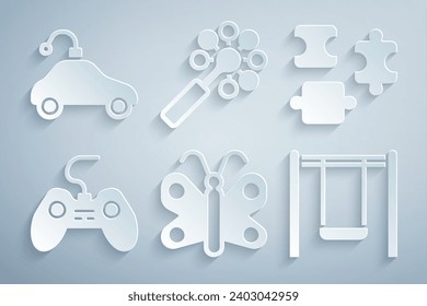 Set Butterfly, Puzzle pieces toy, Gamepad, Swing, Rattle baby and Radio controlled car icon. Vector