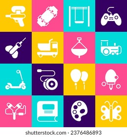 Ponga mariposa, raqueta, tren de juguetes, ala, camión, flecha Dart, pistola de agua e icono del juguete Whirligig. Vector