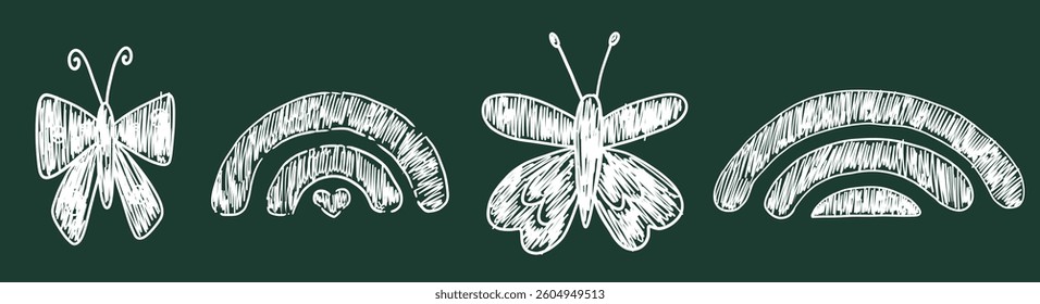 Set of butterfly and rainbow drawing with crayon in white color on dark blackboard