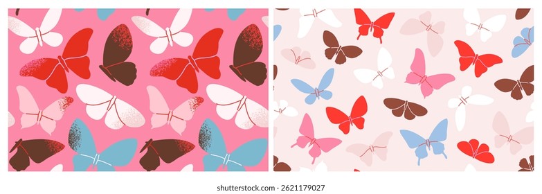 Set of butterfly seamless patterns. Cute repeating ornament with beautiful winged insects and flying butterflies. Girly pastel design for print. Flat vector illustration isolated on background