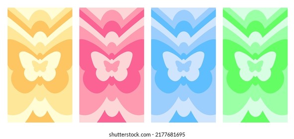 Set Of Butterfly shape Geometric Abstract Backgrounds. Lovely Vibes Posters Design. Trendy Y2K Illustration.