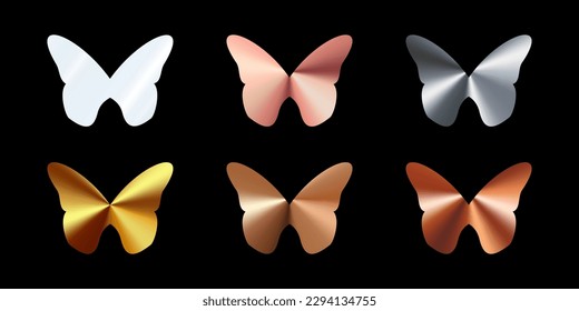 Set of butterfly shaped holograms. Aluminum, silver, copper, brass, gold, bronze, pink gold color gradient. Multicolored metal texture.3d vector illustration on a black background.