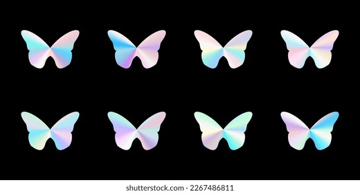 Set of butterfly shaped holograms. Rainbow color gradient. Multicolored texture.3d vector illustration on a black background.