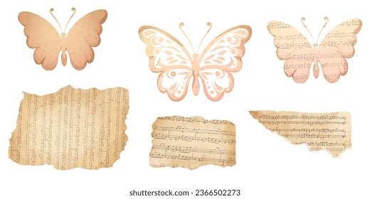 Set Butterfly silhouette papercut from parchment with music vintage decoration scrapbook element isolated on white background.
