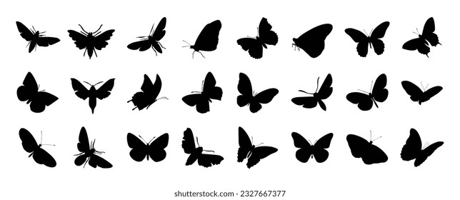 Conjunto de vector de silueta de mariposa. Mariposas, polilla e insecto en diferentes formas de estilo de alas, volando. Ilustración de insectos negros dibujada a mano para diseño de logotipo, pegatina, cubierta, diseño y2k, iconos.