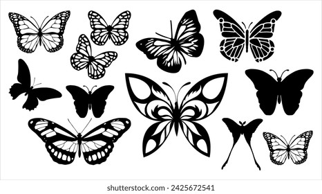 Conjunto de silueta de mariposa. Ilustraciones vectoriales. Silueta en negro mariposa.