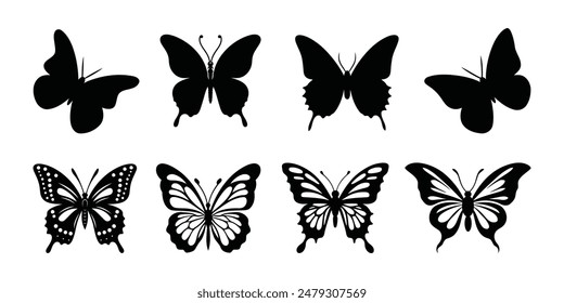 Set of butterfly silhouette vector illustrations on a white background.