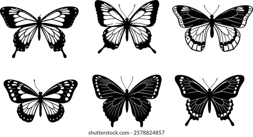 Set of butterfly silhouette vector illustrations on a white background.