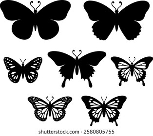 Set of butterfly silhouette vector illustrations on a white background.