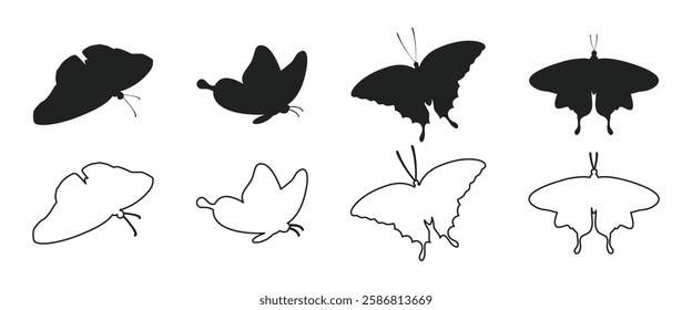 Set of butterfly silhouette vector illustrations on a white background.