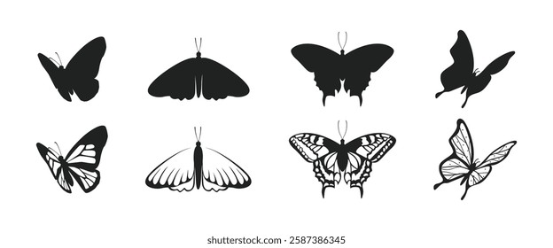 Set of butterfly silhouette vector illustrations on a white background.