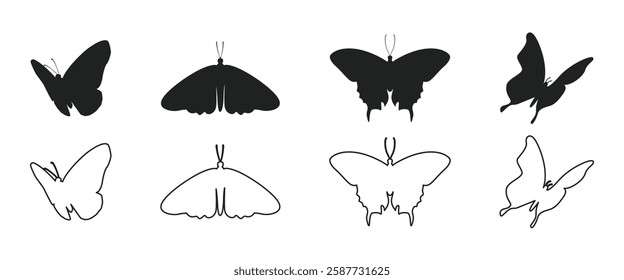 Set of butterfly silhouette vector illustrations on a white background.