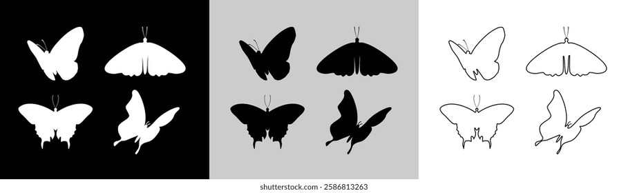 Set of butterfly silhouette vector and line art illustrations isolated