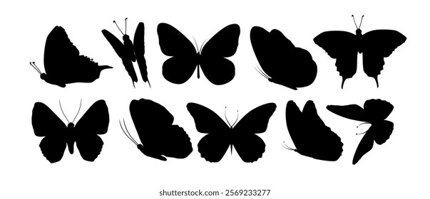 Set of butterfly silhouettes. hand drawing. Not AI. Vector illustration.