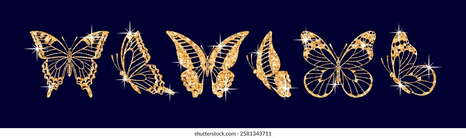 set of butterfly silhouettes from shining gold glitter, Danaus plexippus, Graphium sarpedon, and Swallowtail. Ideal for various design projects, showing elegance and diversity in nature.