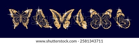 set of butterfly silhouettes from shining gold glitter, Danaus plexippus, Graphium sarpedon, and Swallowtail. Ideal for various design projects, showing elegance and diversity in nature.